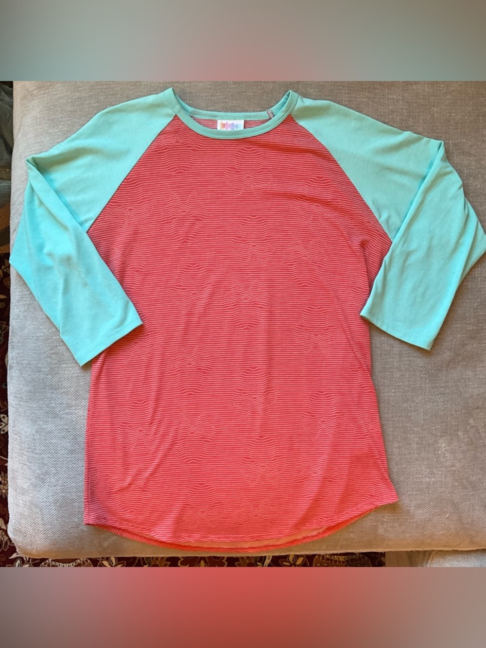 LuLaRoe Disney MickeyMouse Coral Red Body with Seafoam Raglan Sleeves